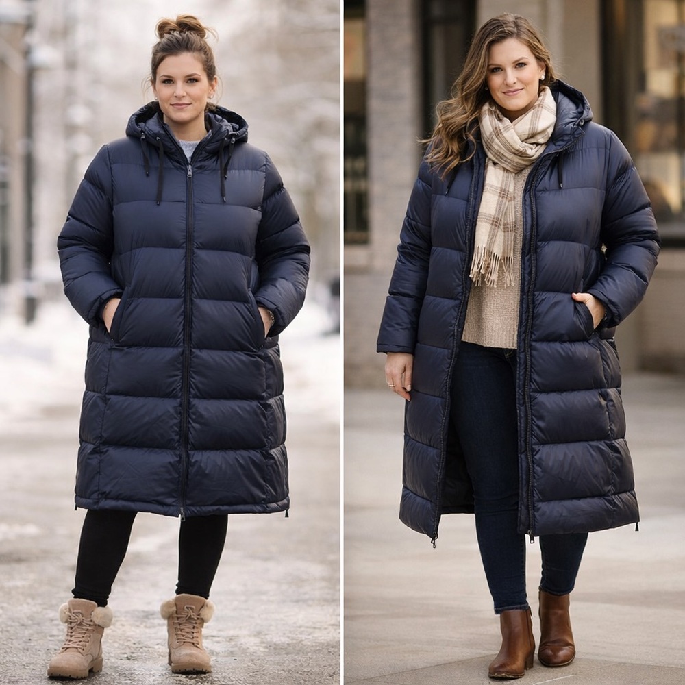 Stylus Navy Long Puffer Coat XL Hooded Zip Front Side Zips Winter